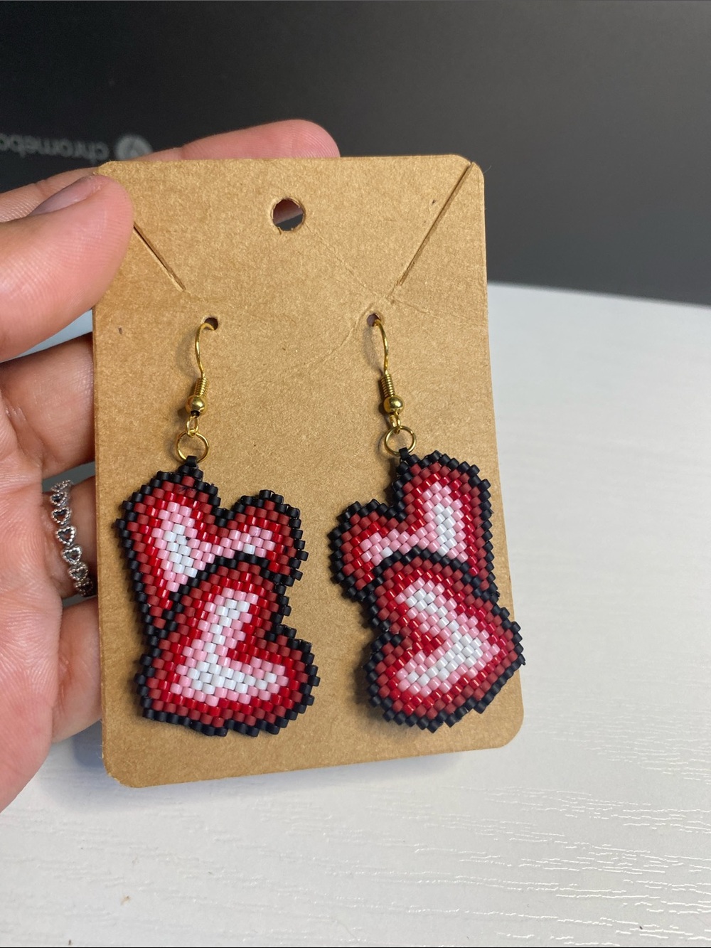 Handmade Red Pink Beaded Heart Drop Earrings